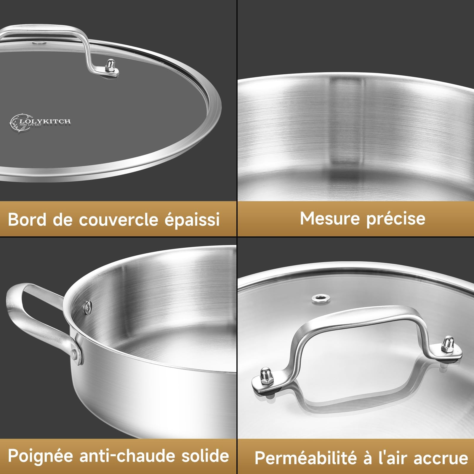 LOLYKITCH 3 Quarts Tri-Ply Stainless Steel Sauté Pan wih Lid,10 Inch Induction C