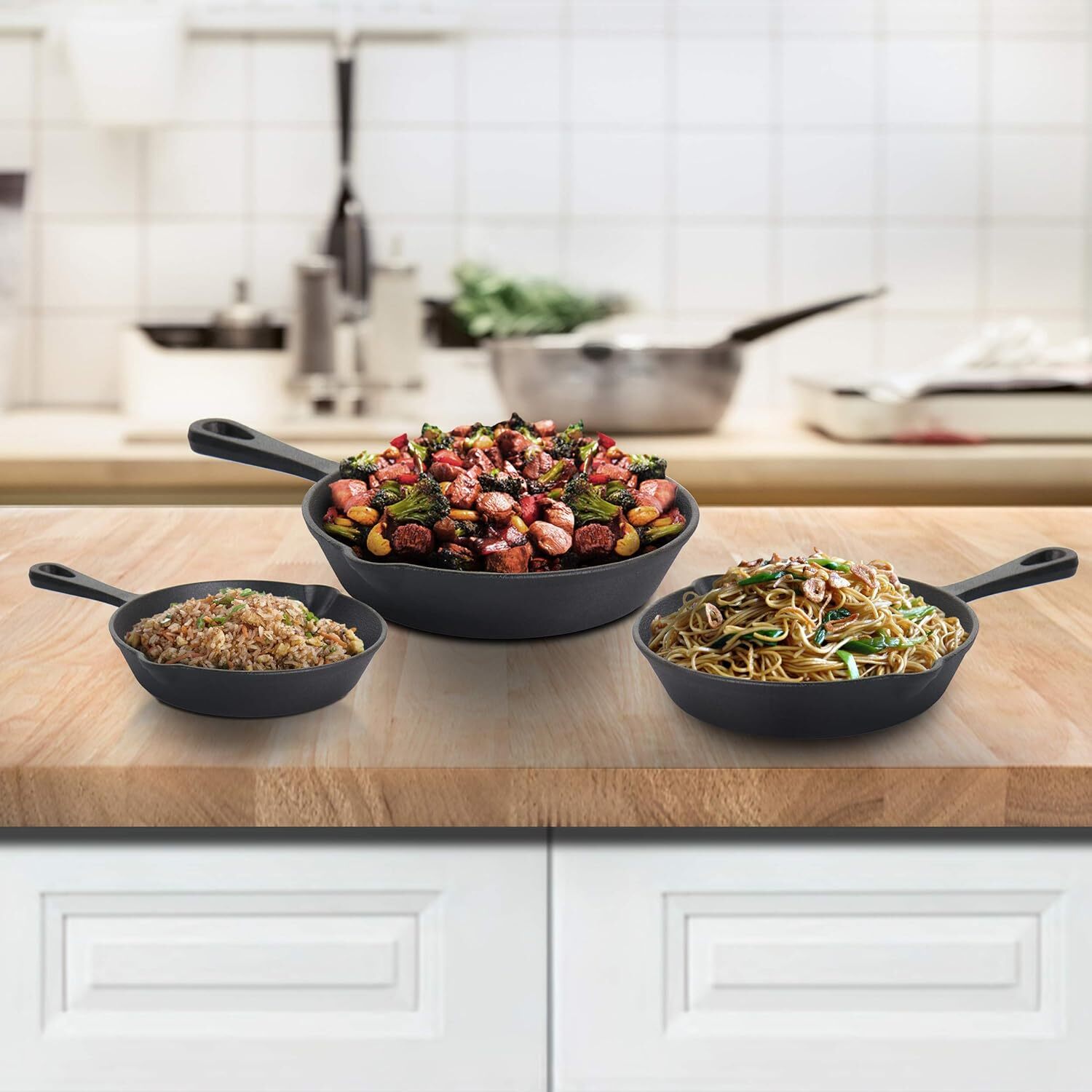 MegaChef Pre-Seasoned 3 Piece Cast Iron Skillet Set Frying Pan Set , 6″, 8″& 10″