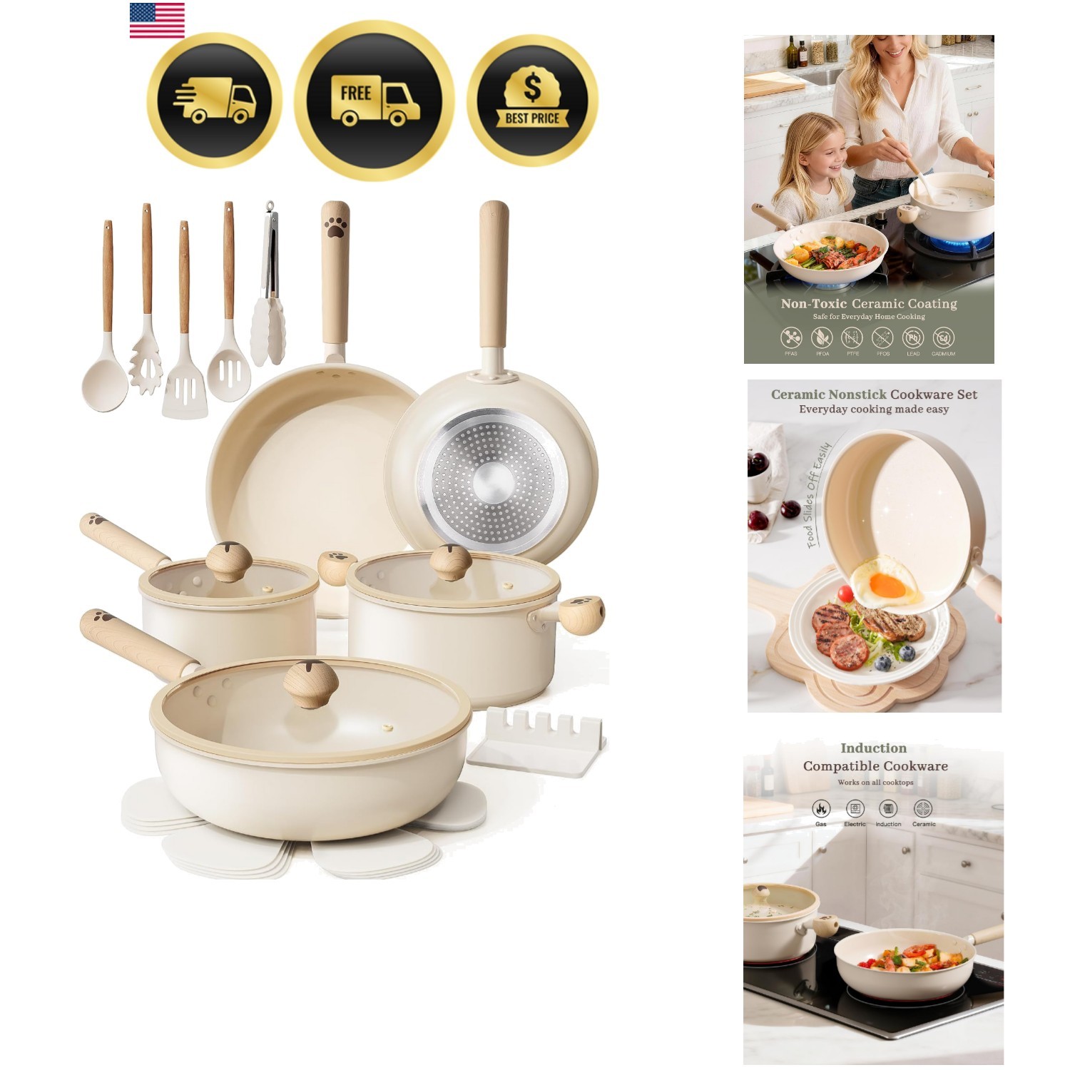 Pots and Pans Set Non Stick,Non Toxic 18 Pcs Ceramic Cookware | Dishwasher Sa…