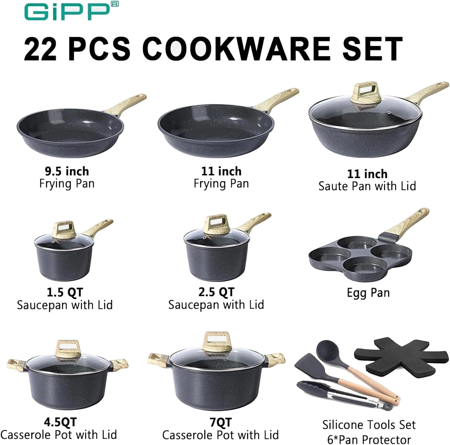 GiPP 22Pcs Nonstick Pots Pans Set Dark Gray PFAS Free