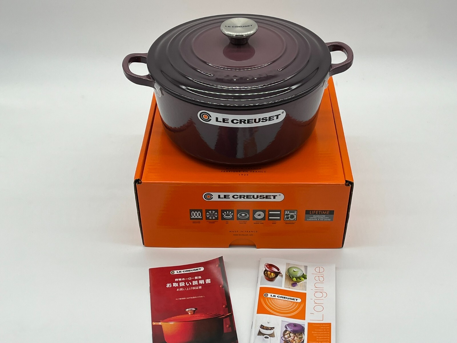 Le Creuset Cocotte 24cm 9.5in 4.5qt Fig Purple Silver knob Cast Iron Dutch oven