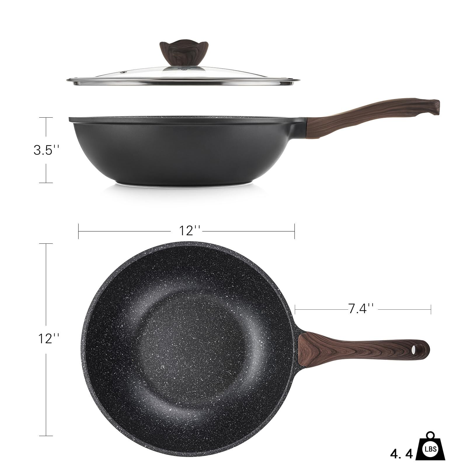 Nonstick Wok With Lid 12 Inch Woks & Stirfry Pans Granite Stone Coating For Cook