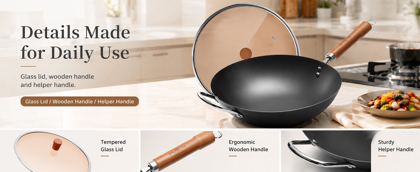 Carbon Steel Wok with Lid, 12.6 Inch Flat Bottom Wok Pan, Uncoated Stir Fry Pan
