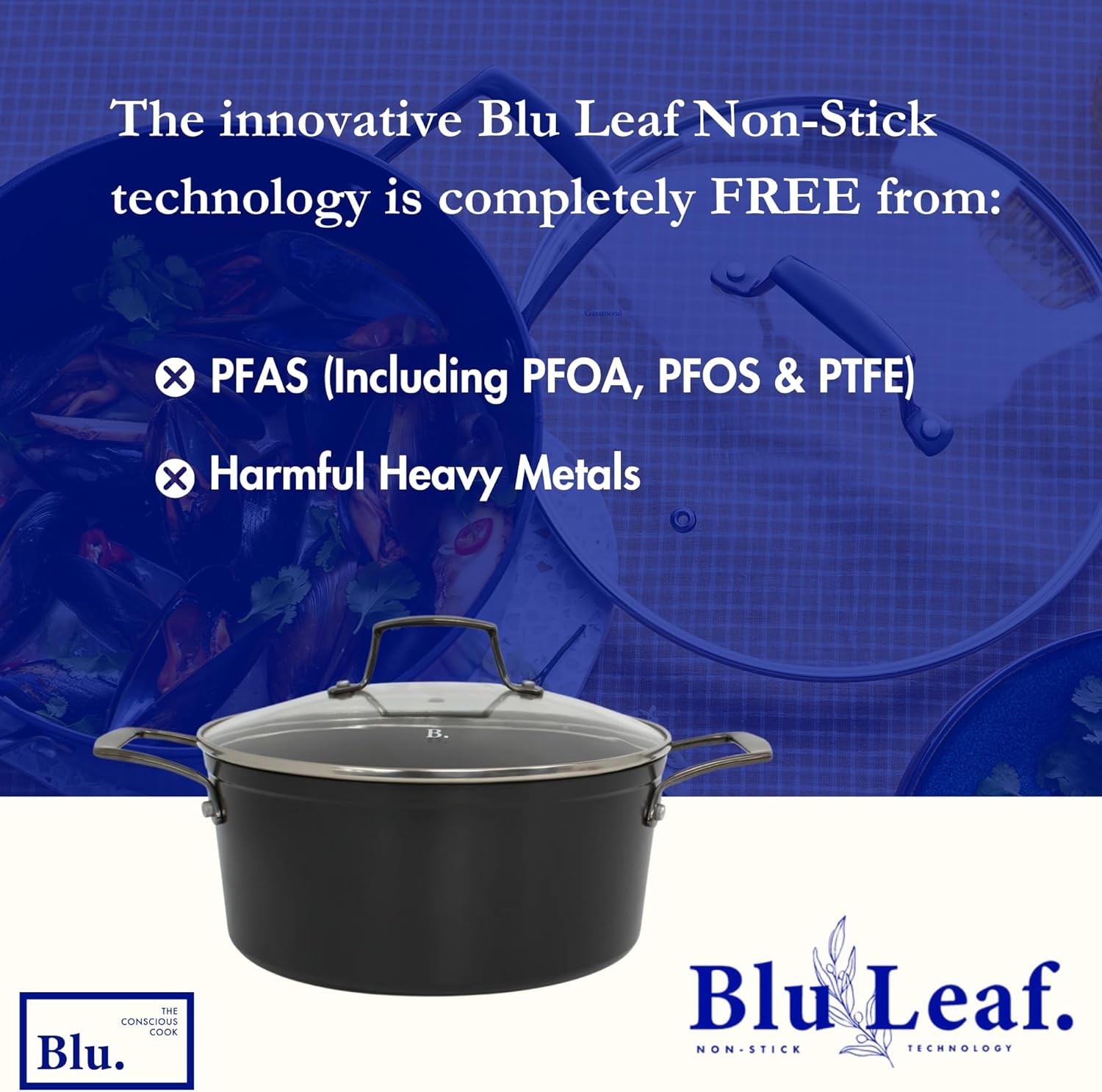 Blu. Cookware 4.5QT Casserole Pot with Lid, Non-Toxic, Non-Stick Ceramic,