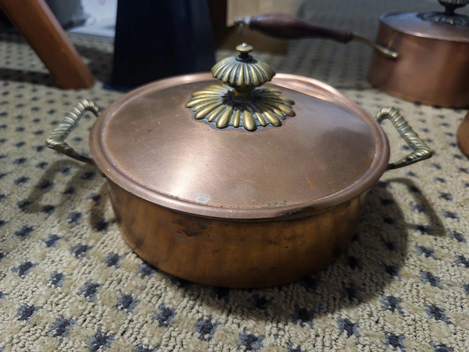 5 Pc Vintage Italian Copper Cookware Set Tin Lined Brass Handles-BEAUTIFUL