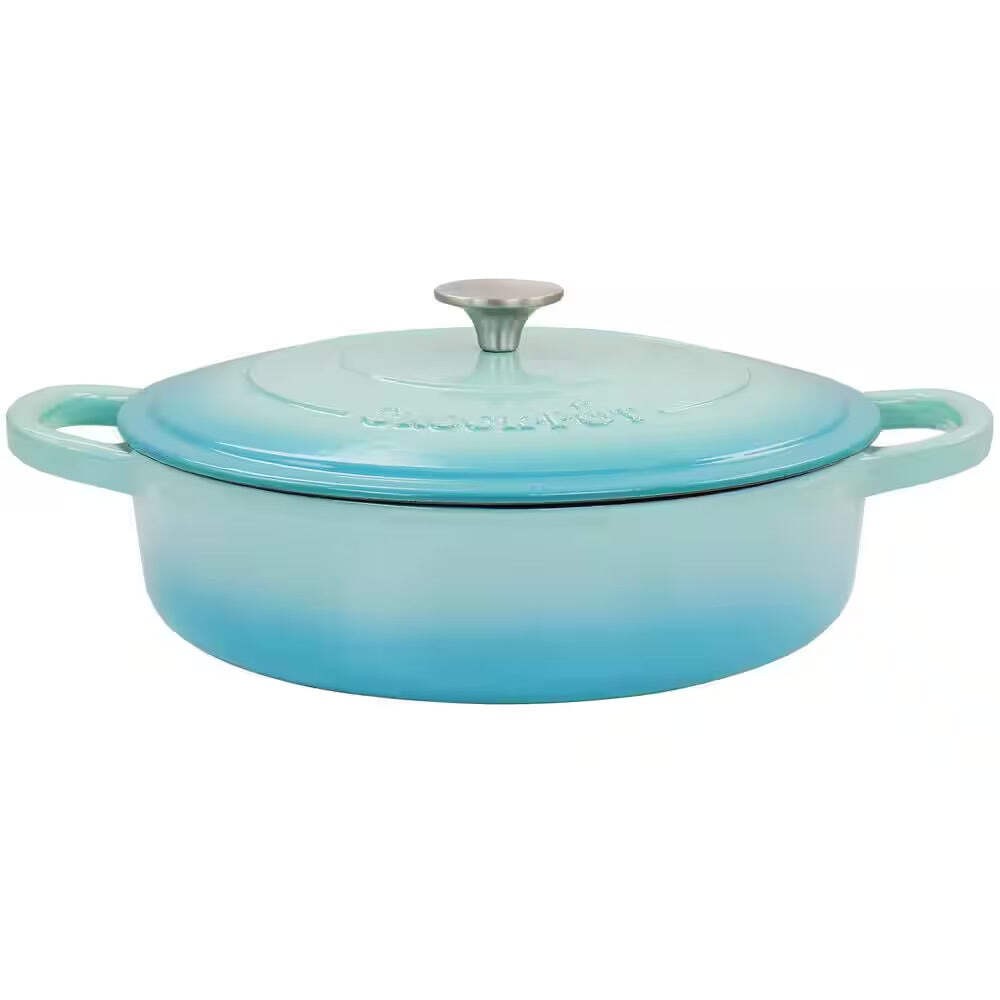 Crock Pot Artisan 5 Quart Enameled Cast Iron Braiser Pan w Lid in Gradient Aqua