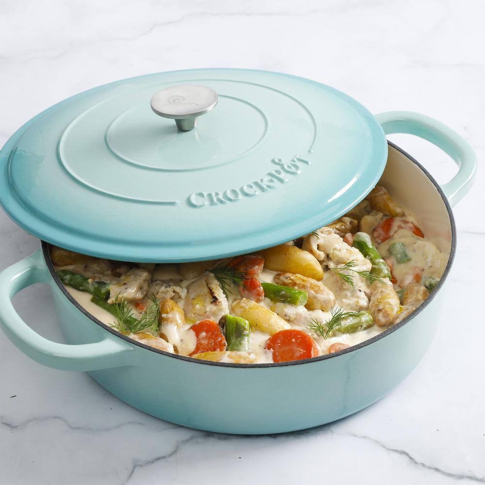 Crock Pot Artisan 5 Quart Enameled Cast Iron Braiser Pan w Lid in Gradient Aqua