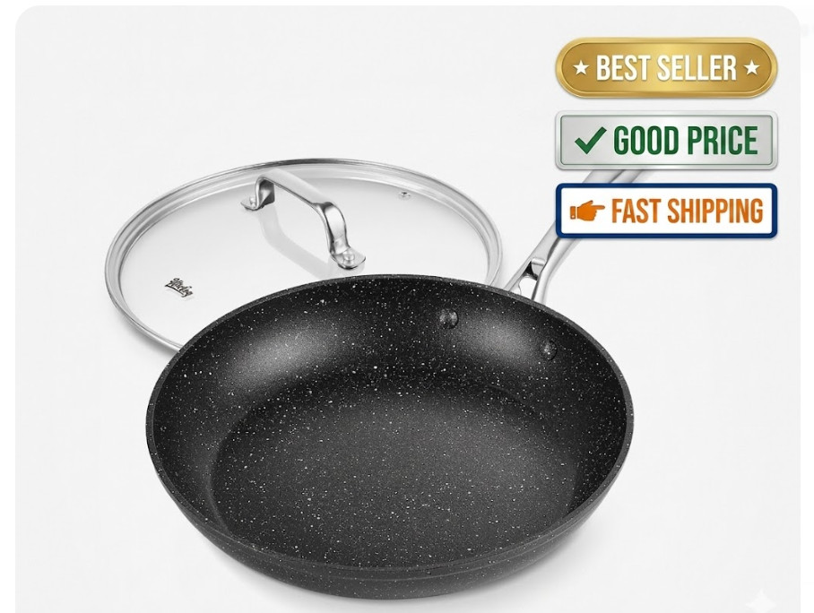 8in Nonstick Frying Pan with Lid Black Marble Stone Coating Oven Safe