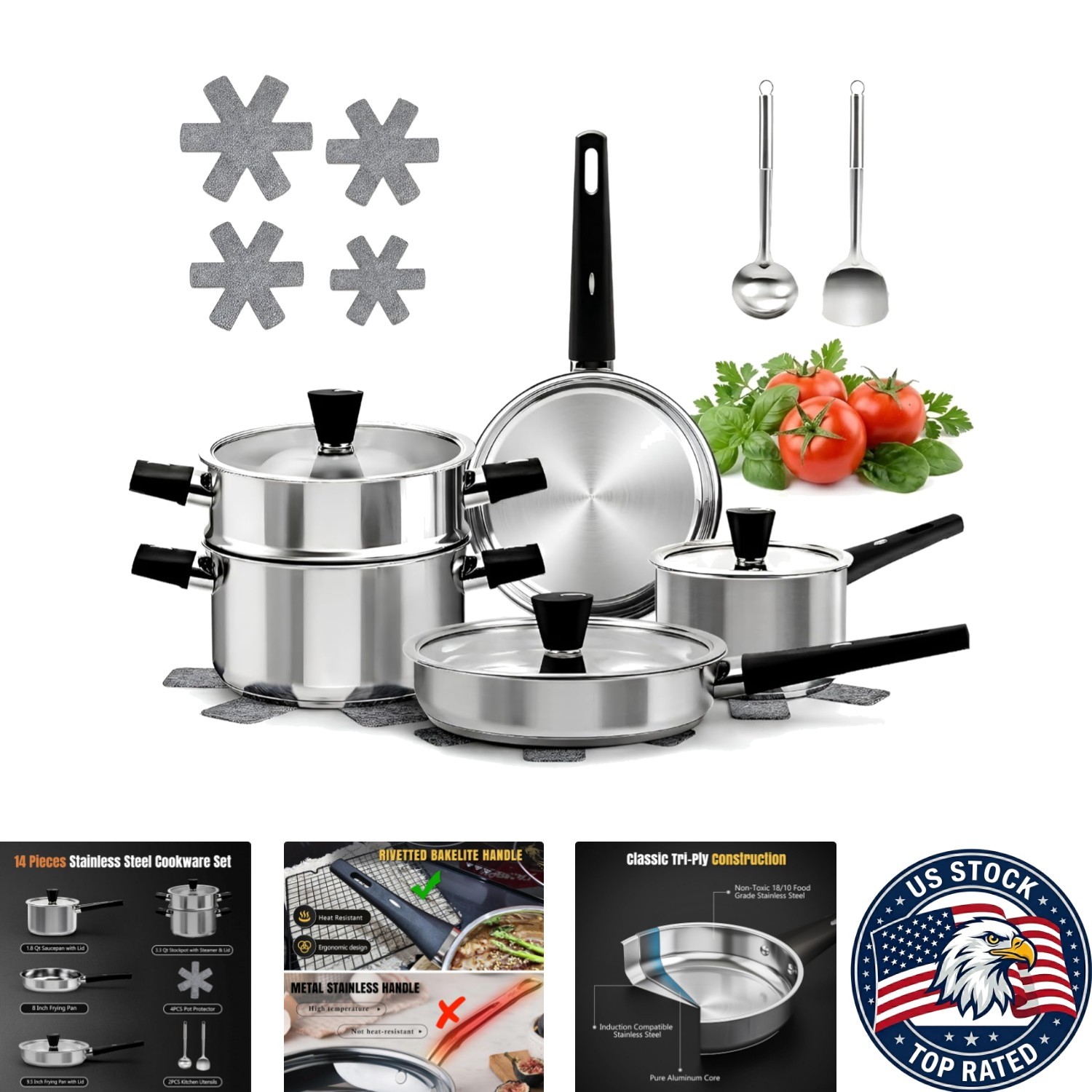 Versatile 14-Piece Cookware Set with Tempered Glass Lids – Safe for All Cooktops