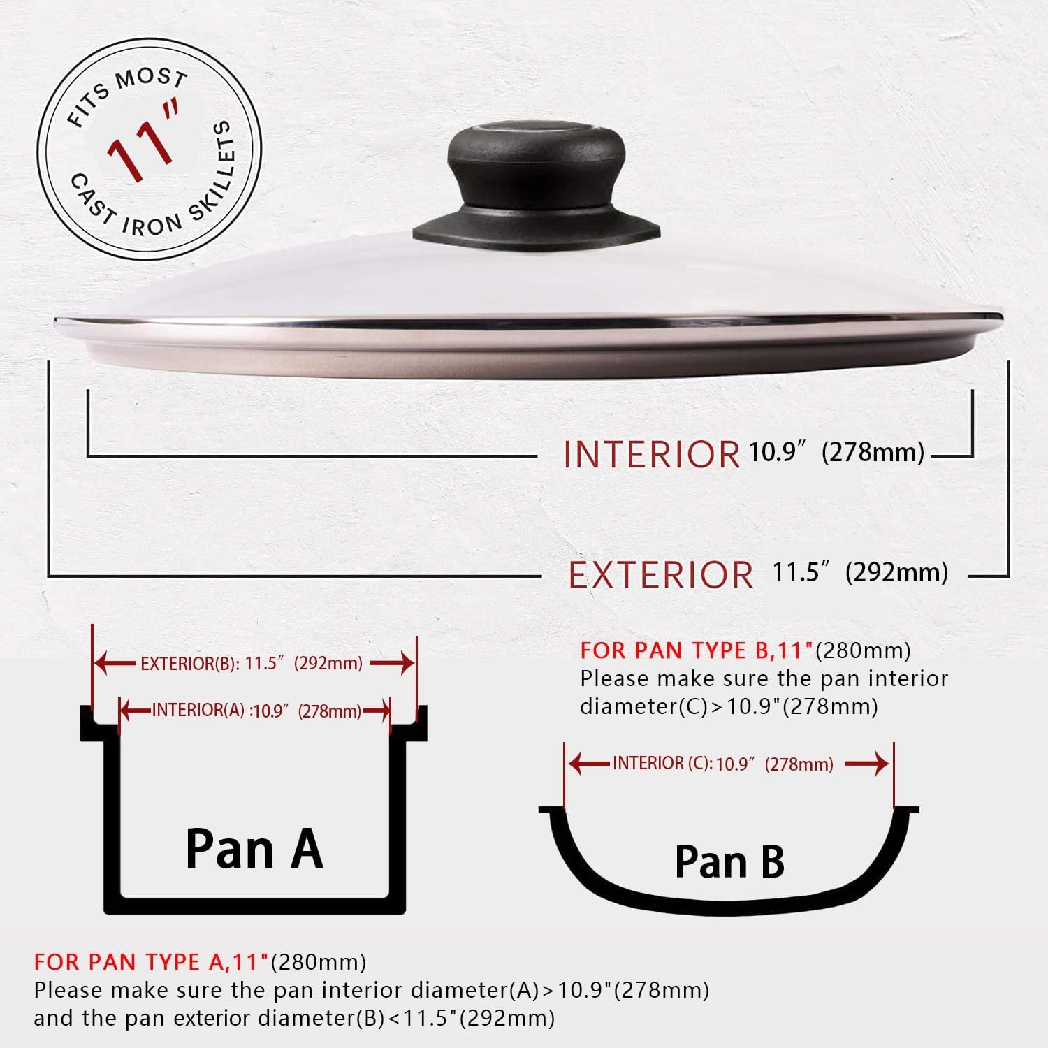 11 Inch Pan Lid, Frying Pan Lid, Fry Pan, Skillet Lid, Pot Cover with Handle, Te