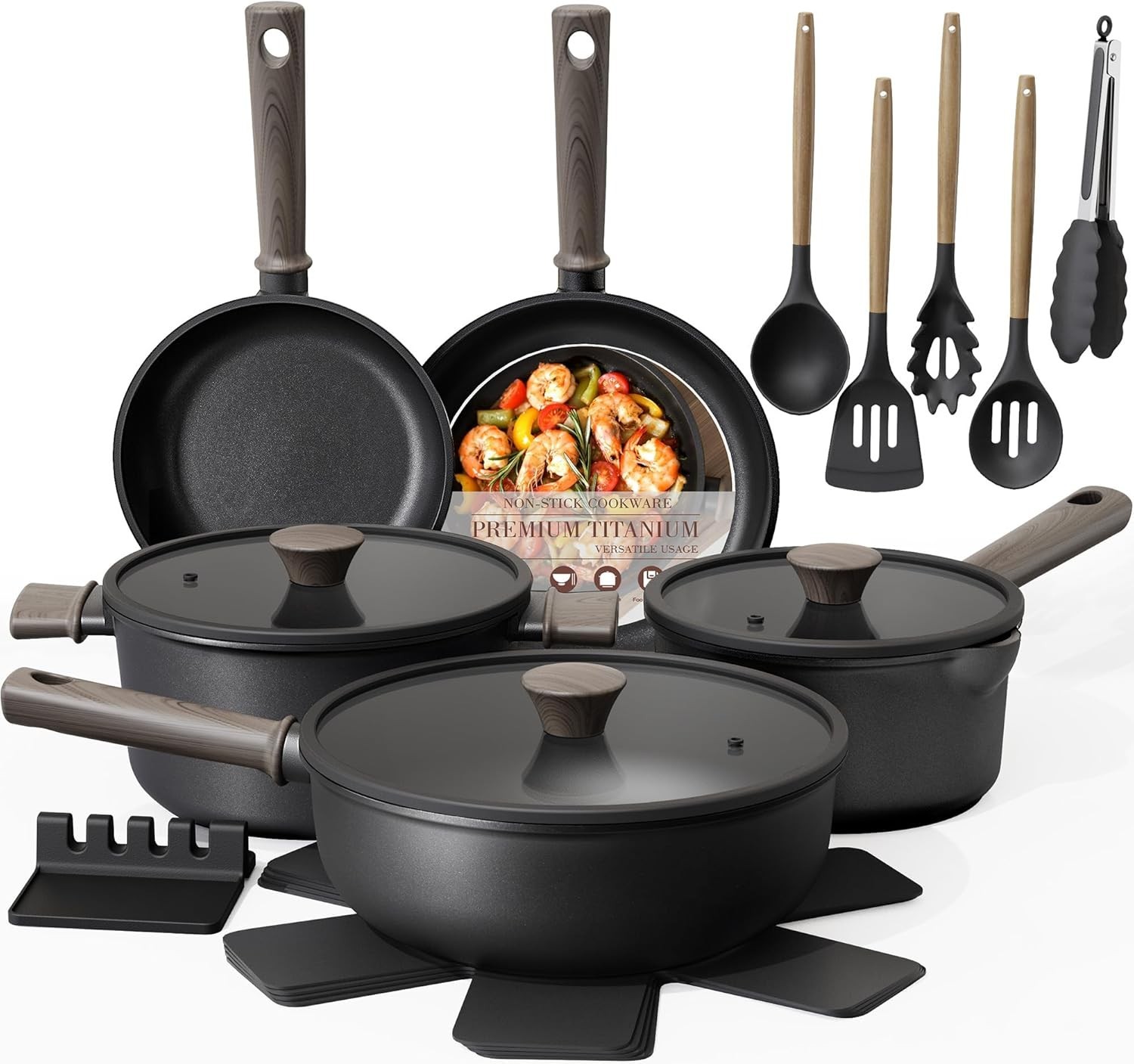 19 Pcs Pots and Pans Set Non Stick, Black Titanium Induction Kitchen Cookware Se