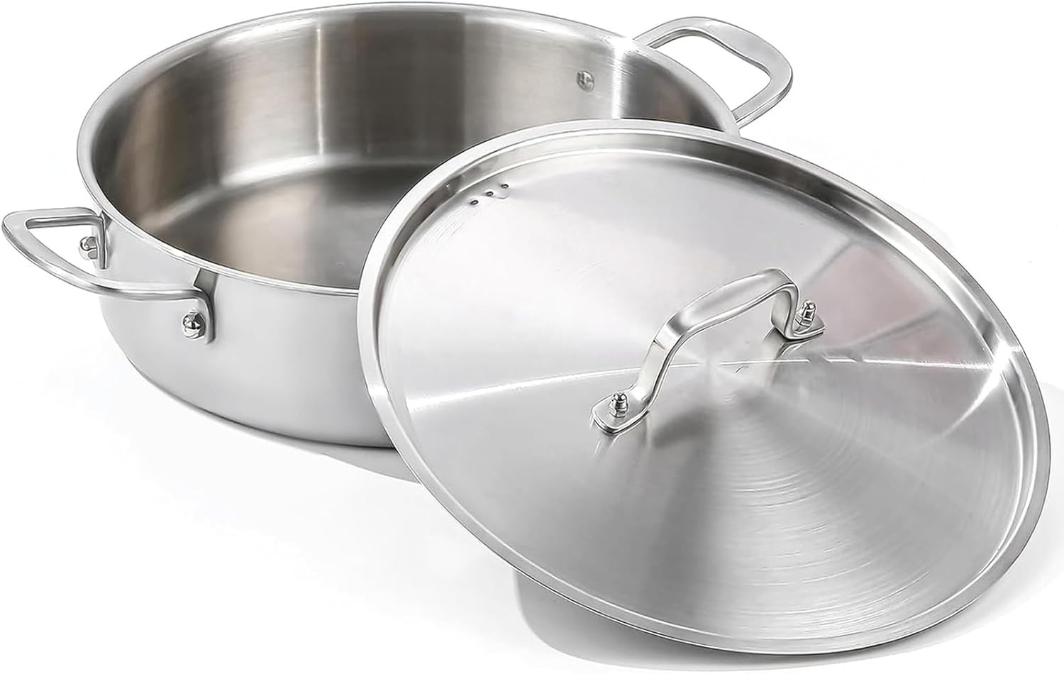 DELARLO Tri-Ply Stainless Steel 5 Quart Braiser Pan with Lid 5 Quarts, Silver