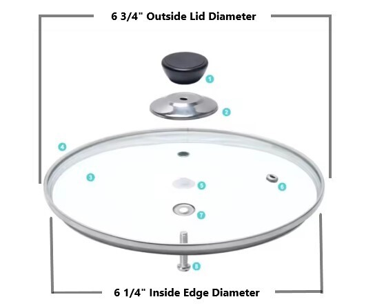 6 3/4″ OD Glass Pyrex Lid SS Stainless Steel Metal Rim 6 1/4″ ID Replacement Pot