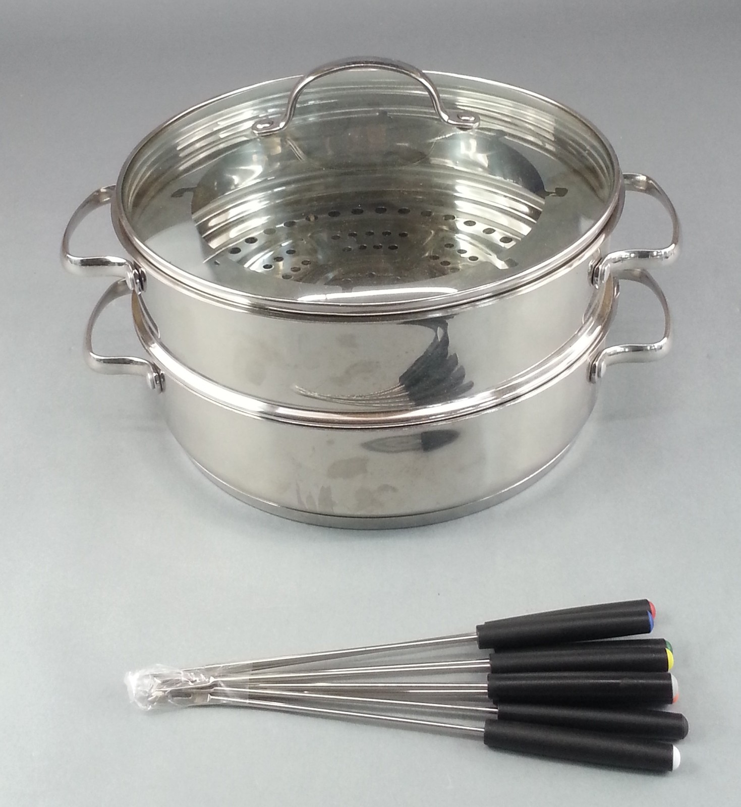 Nuwave 3.5QT Stainless Steel Steamer Pot Fondue Set with Glass Lid & Forks