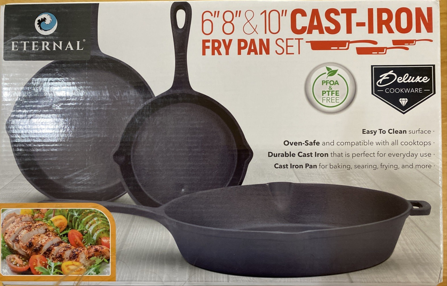 NEW Eternal 3 Pc Cast Iron Skillet Set 6″ 8″ 10″ Pre-Seasoned Fry Pans NIB