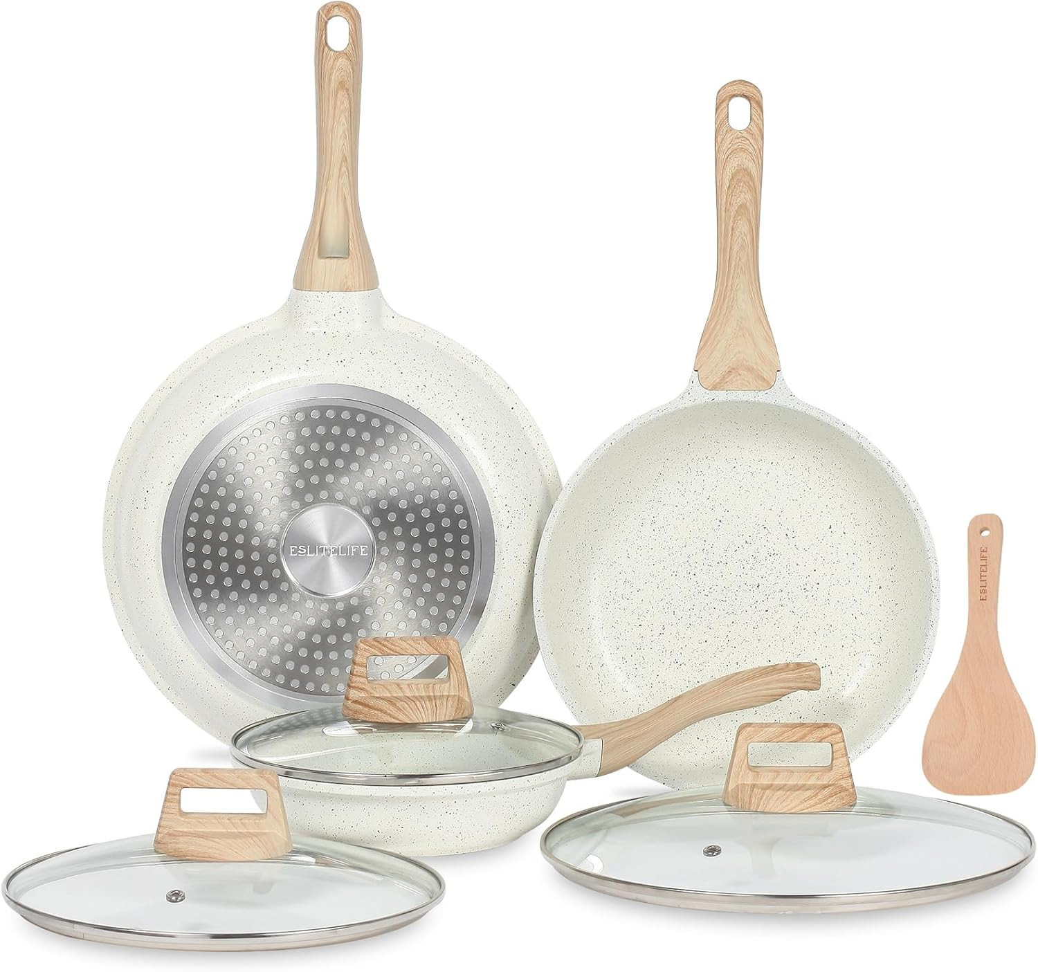 Nonstick Ceramic Frying Pans Set with Lids – Safe for All Stovetops (White)