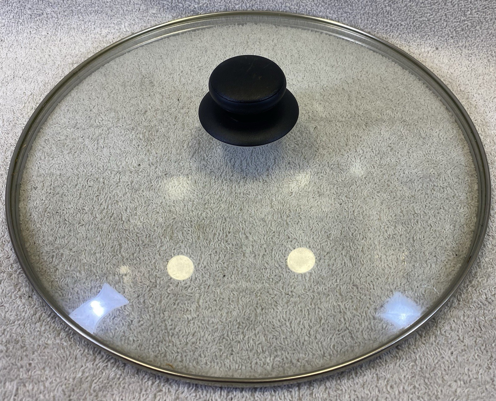 12” Glass Sauce Pan / Pot / Skillet Lid Stainless Rim Hard Plastic Knob