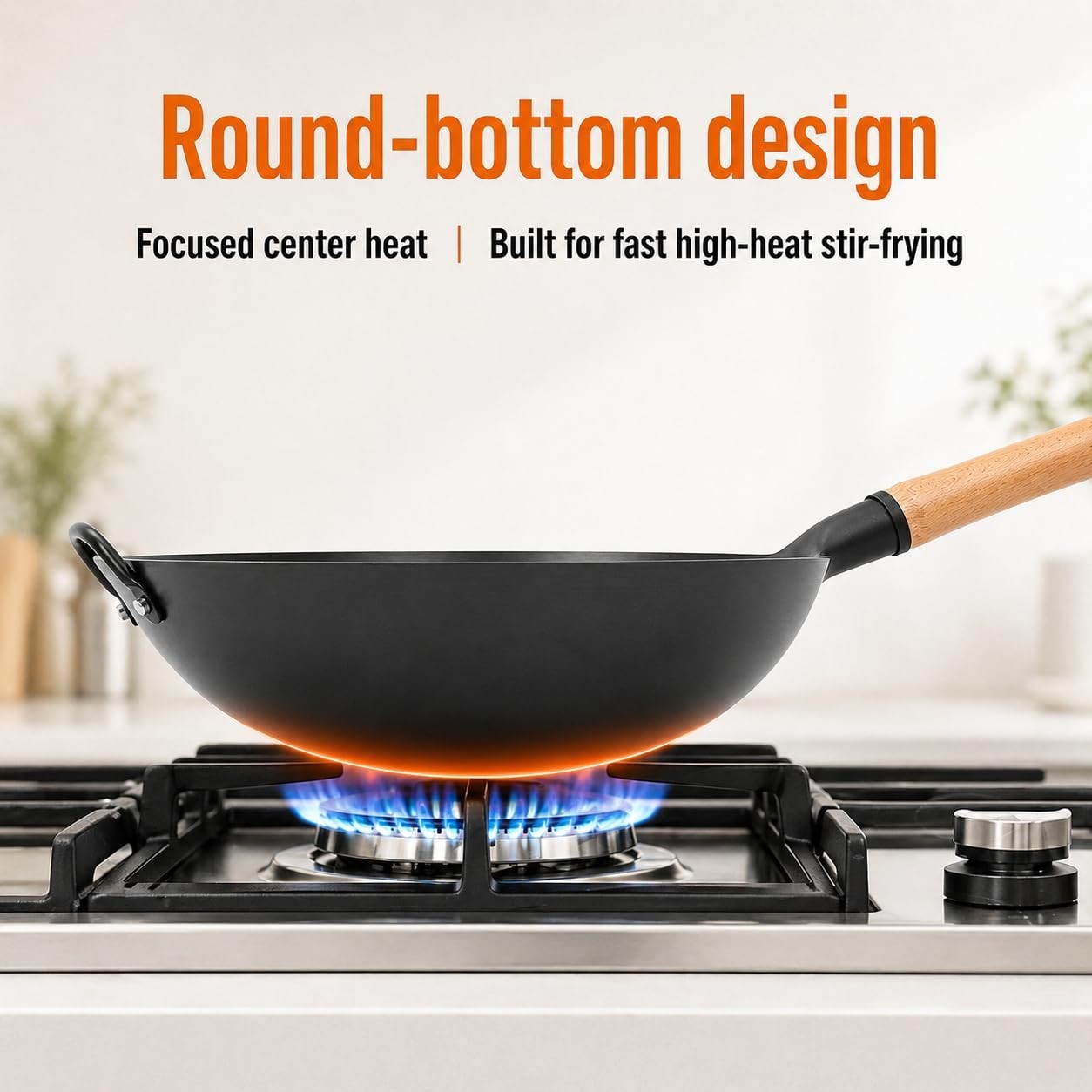 14.2″ Round Bottom Carbon Steel Wok – Nitrided Iron Stir Fry Pan, Wooden Handle,