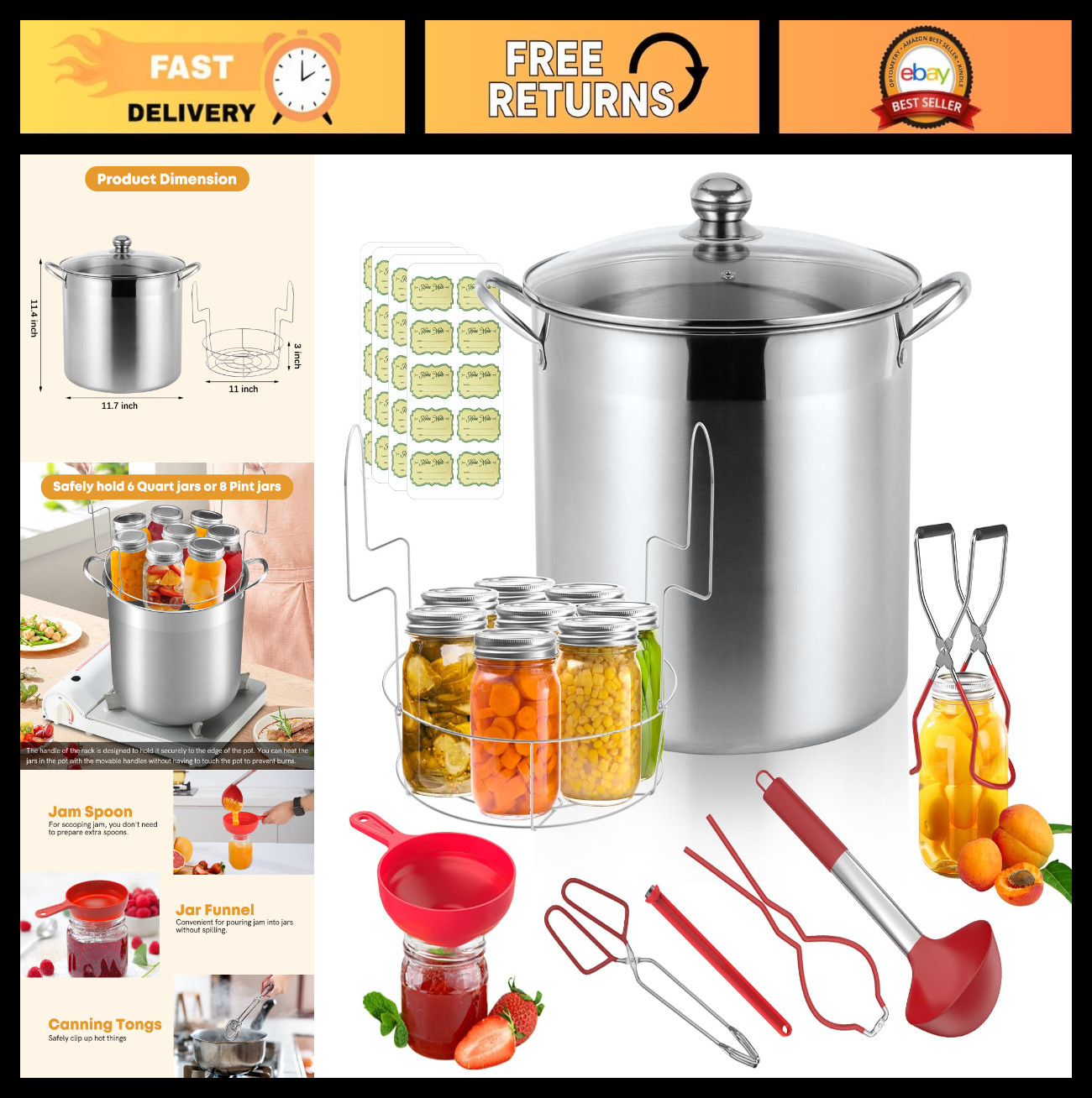 21.5 QT Stainless Steel Canning Pot Set with Lid, Rack & Tools – Water Bath Cann