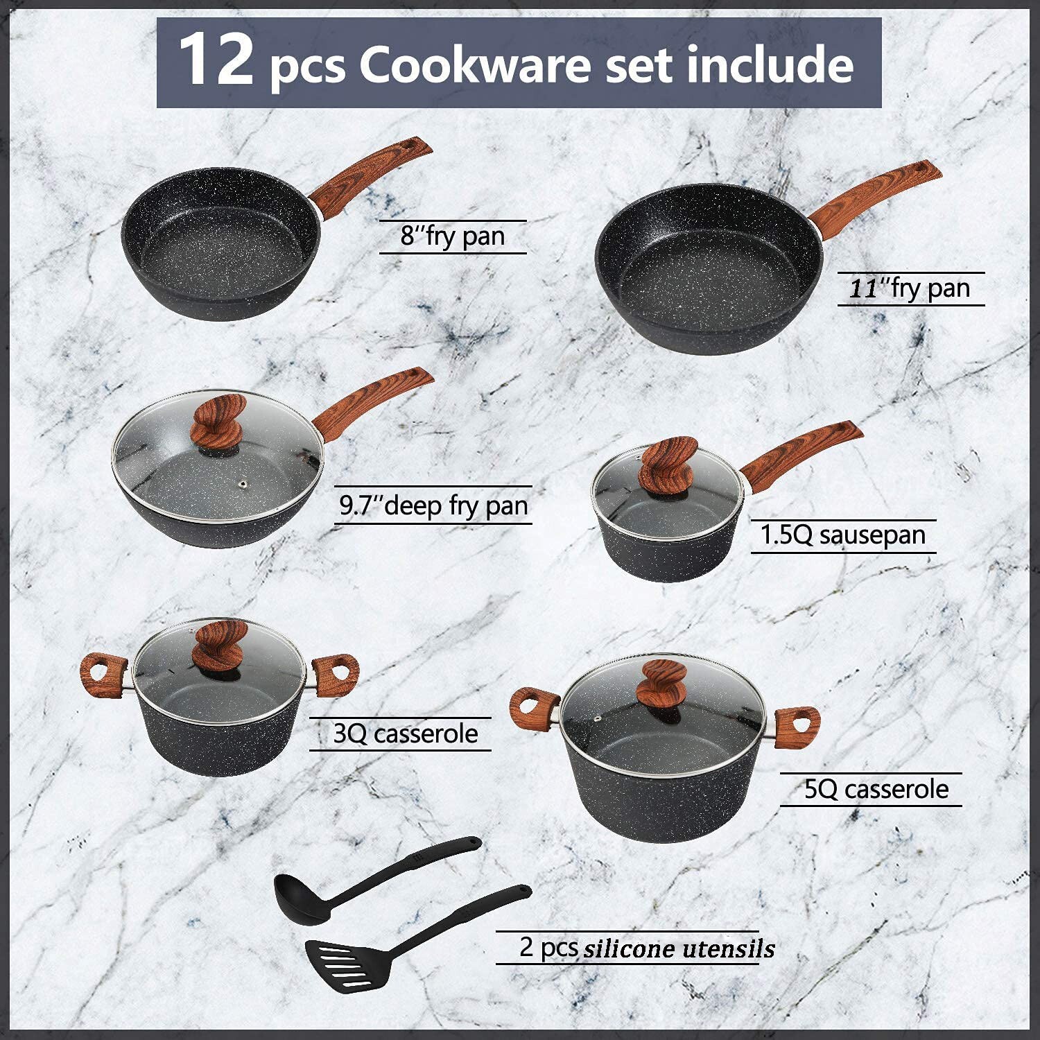 12 Pieces Kitchen Pots & Pans Set Nonstick Cookware Set Granite Coated w/ Lid