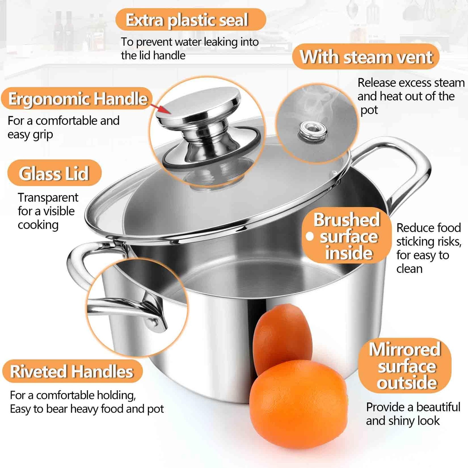 P&P CHEF 4 Quart Tri-Ply Stainless Steel Stock Pot, 4 Qt Stockpot Pasta Cooking