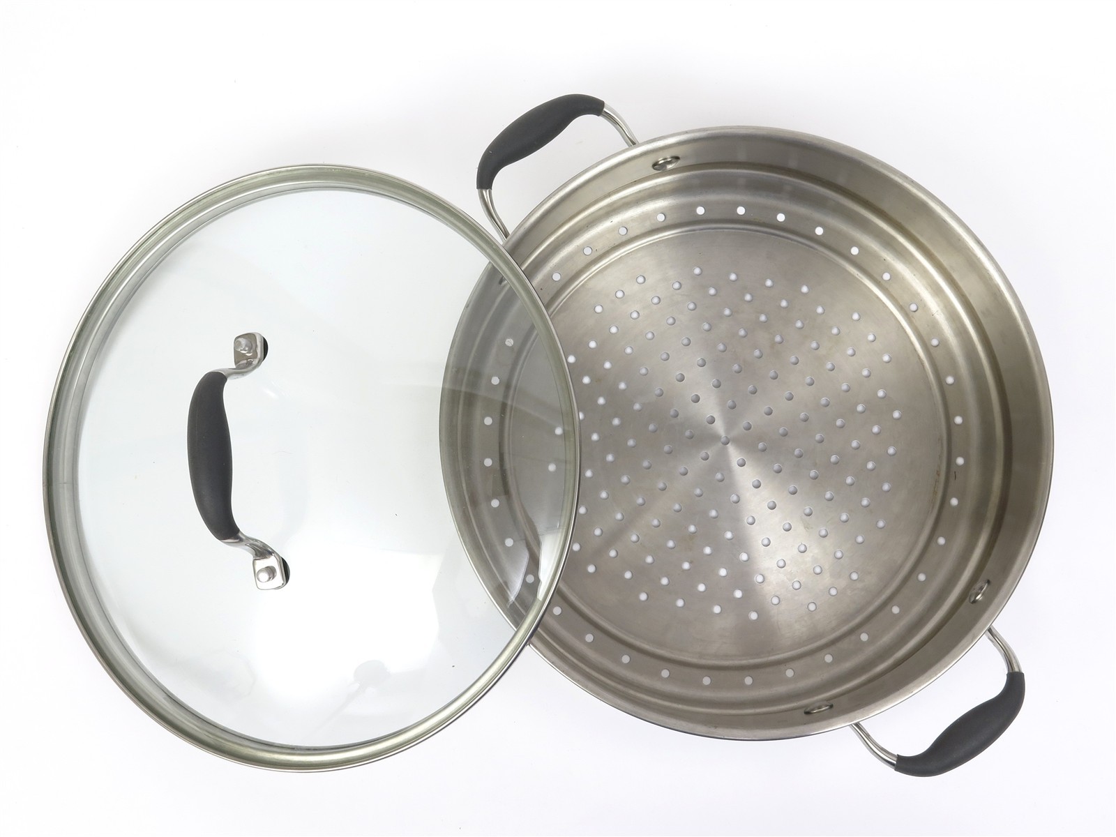 Stainless Steel Steamer Strainer Pot Insert 13″D x 3.5″ H Lid and Two Handles