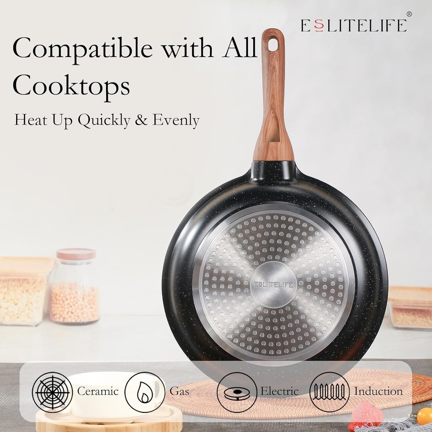 8″ Ceramic Coating Non-Stick Frying Pan Skillet with Lid, Kitchen Cooking Pans