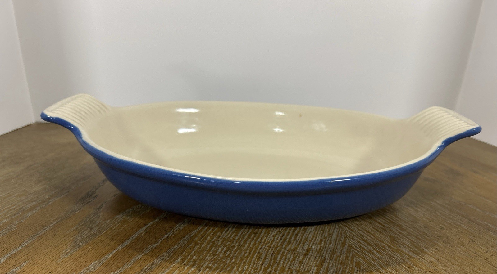 Blue & White Oval Ceramic Casserole Dish 14×8 in, 3 in Tall, Microwaveable