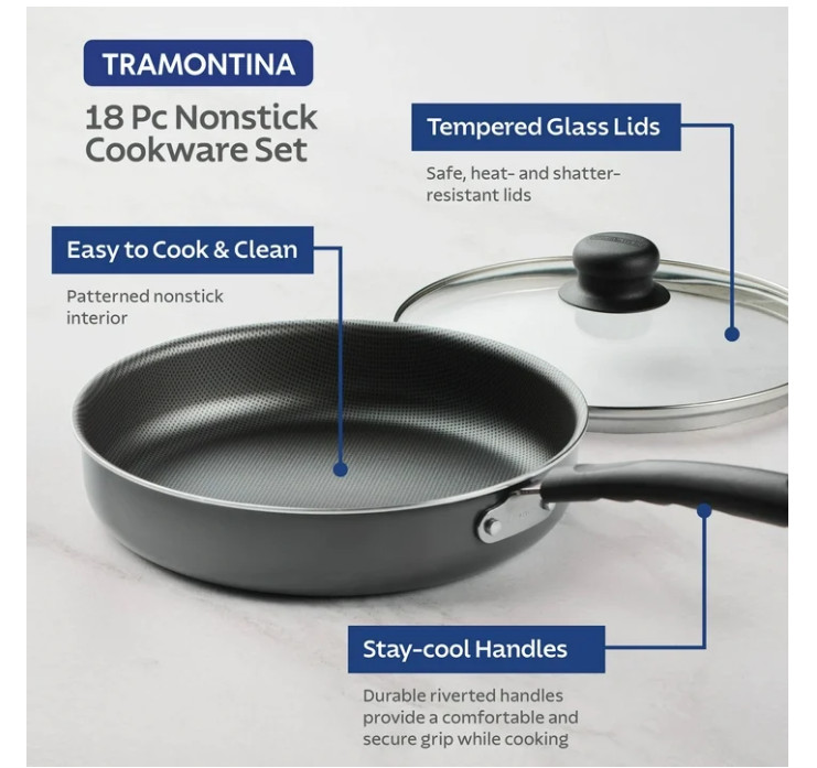 Tramontina Primaware 18 Piece Non-stick Cookware Set, Steel Gray