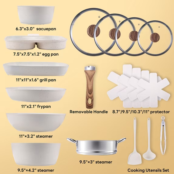 Gianna 17 Pcs Non-Stick Pots and Pans, Non-toxic Kitchen Cooking Set with Stay-C