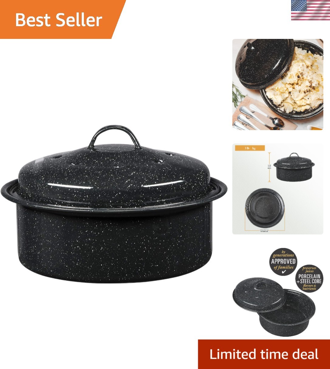 3Lb Covered Round Roaster in Speckled Black – Even Heat Distribution Cookware
