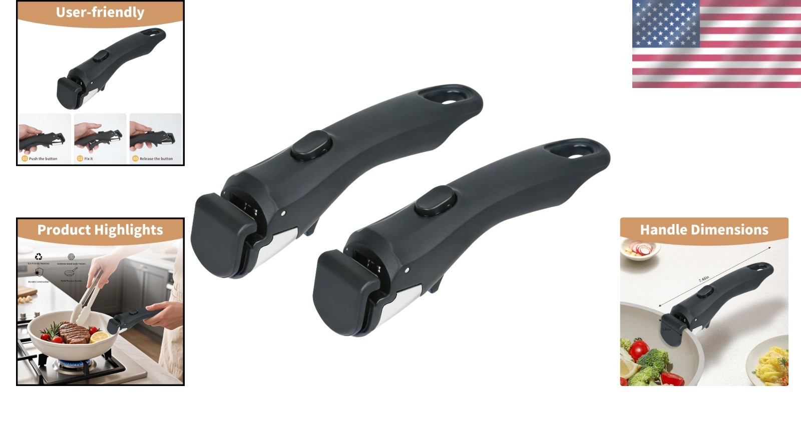 Black Detachable Handle for Thin Edge Cookware, 2 Pack