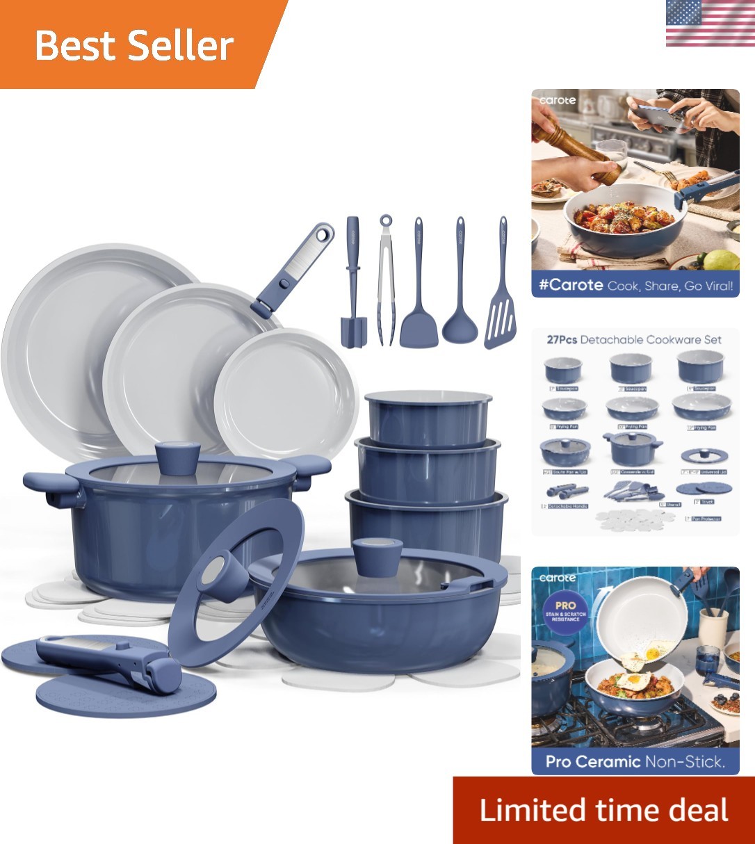 Ceramic Cookware Set Nonstick Pots Pans Teflon Detachable Handles Kitchen