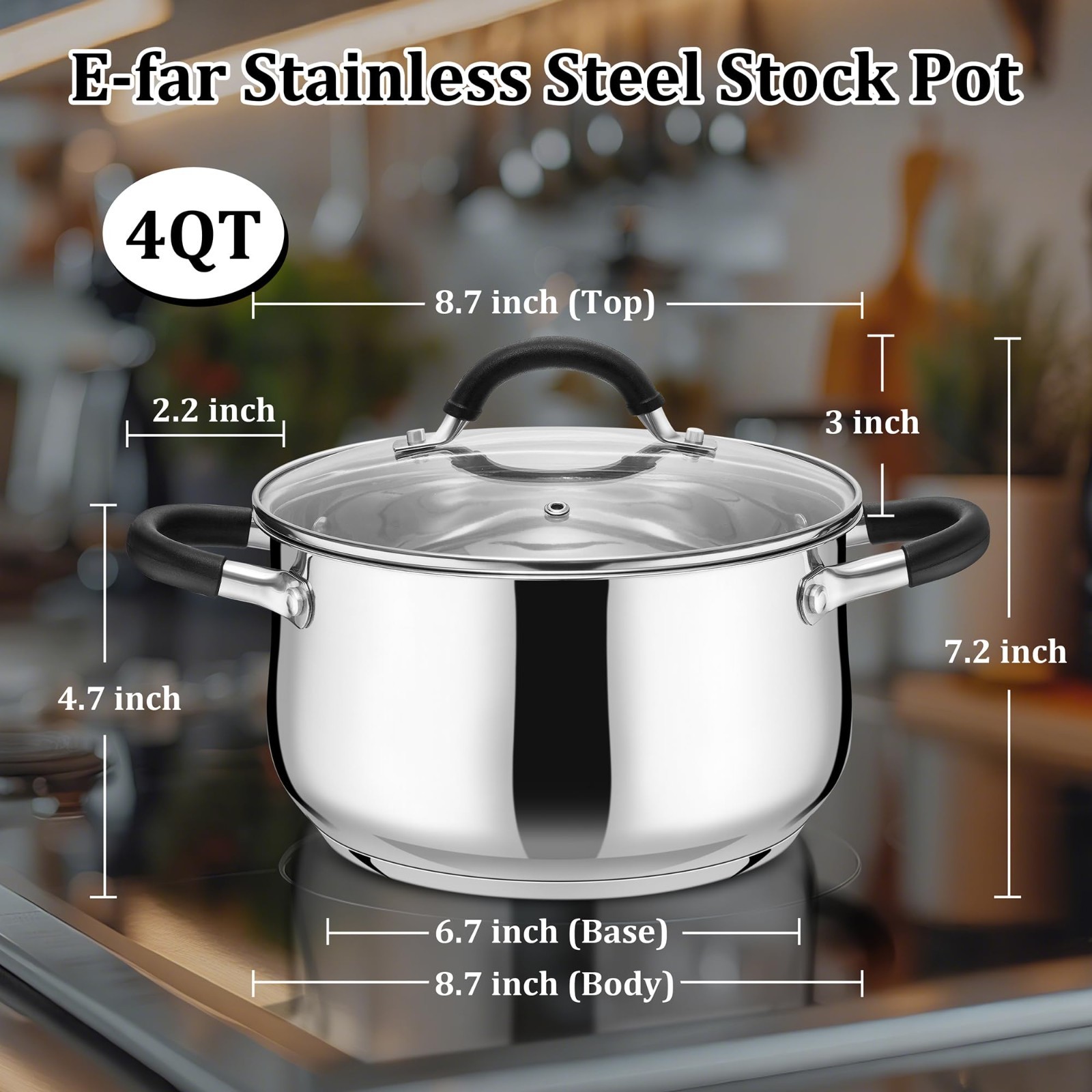 4 Quart Stainless Steel Stockpot with Lid – Induction Gas Safe, Dual Handles, Di