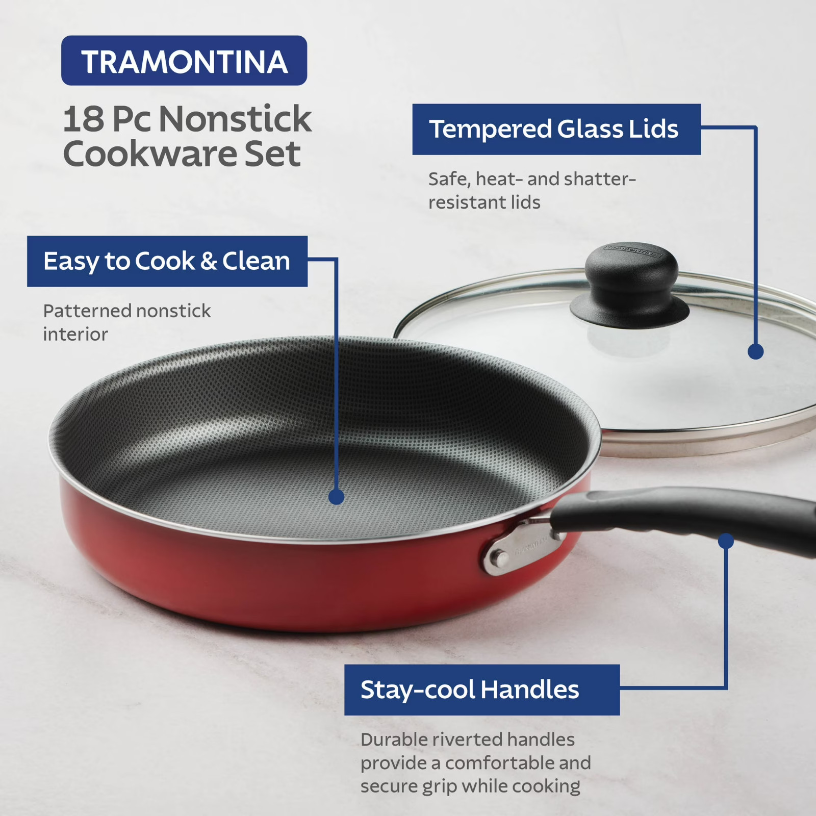 Tramontina Primaware 18-Piece Ceramic Nonstick Cookware Set Red Pots and Pans