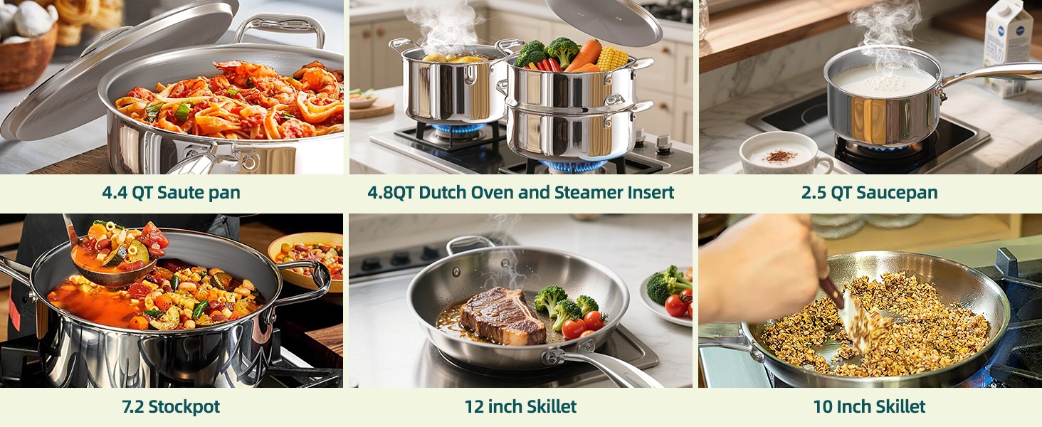Stainless Steel Cookware Set, 5 Ply 14 Piece Stainless Steel Pot and Pan
