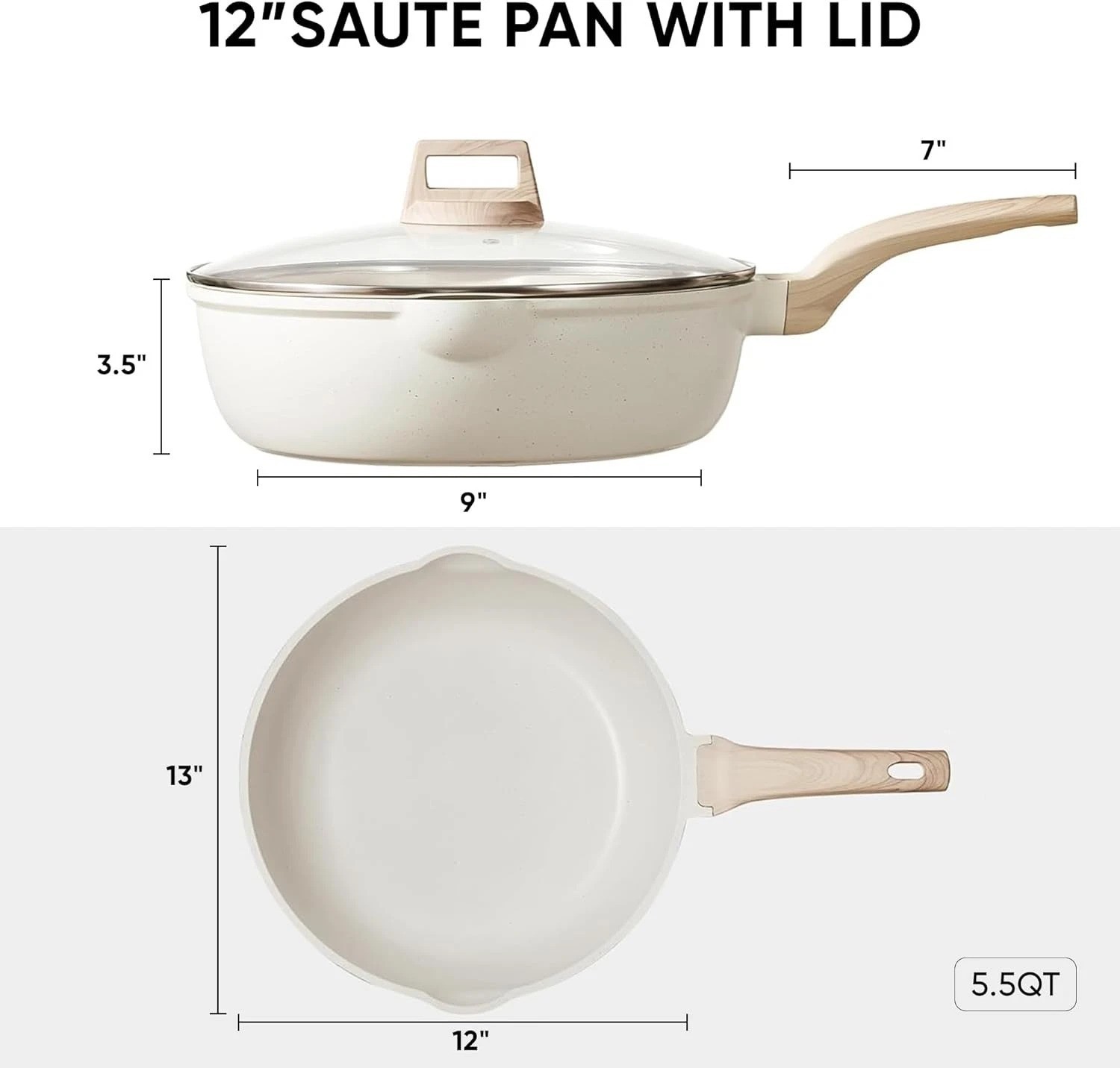 Ergonomic 12-Inch Nonstick Saute Pan with Lid – White Granite Cooking Essential