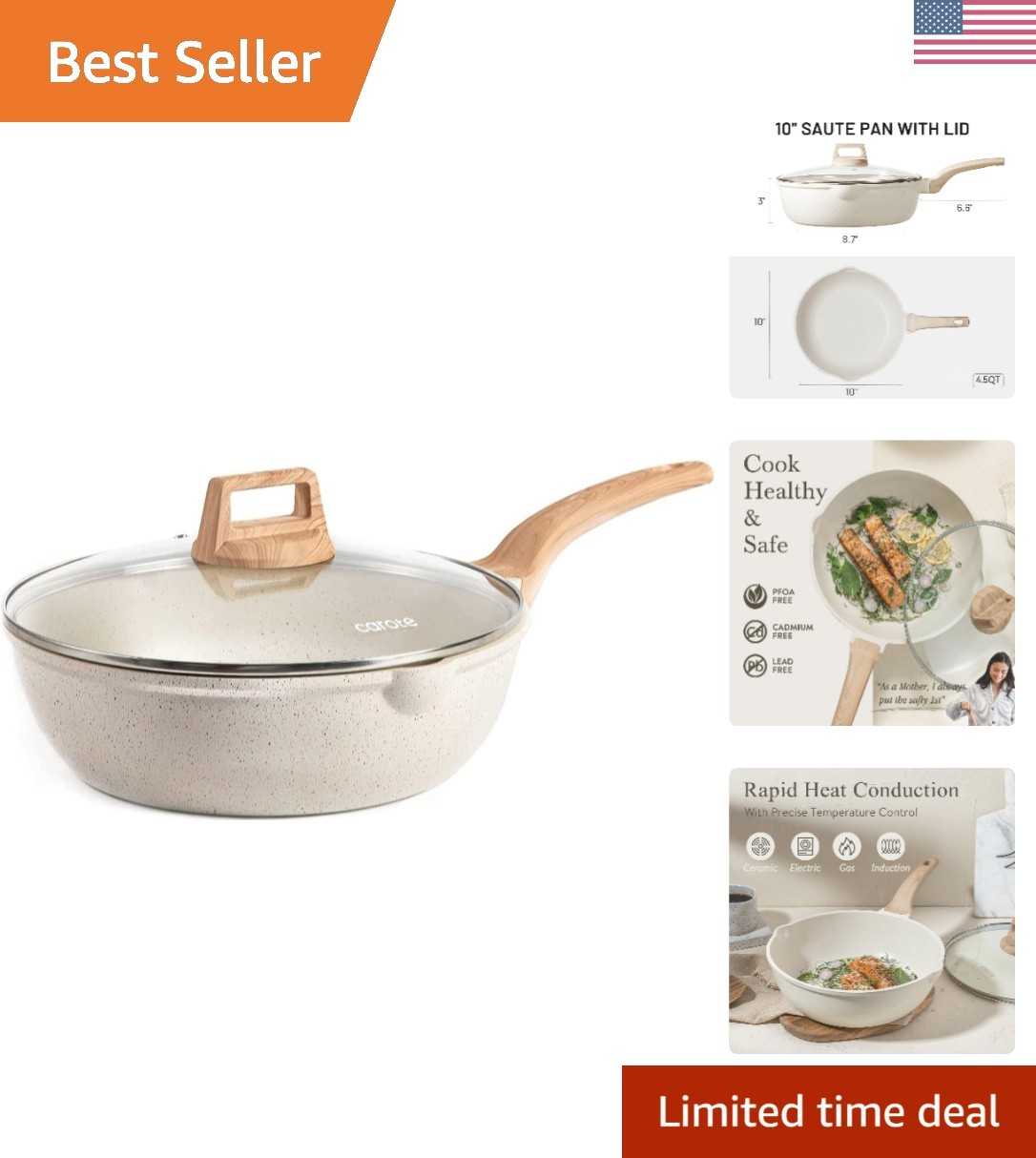 10Inch Nonstick Deep Frying Pan with Lid, 4.5Qt Jumbo Cooker Saute Pan with P…