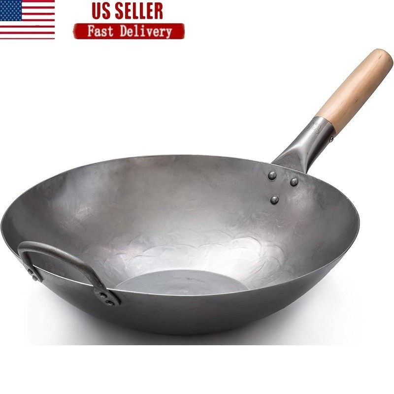 Heavy 14 Inch Carbon Steel Wok Flat Bottom Gas Electric Induction Stoves New