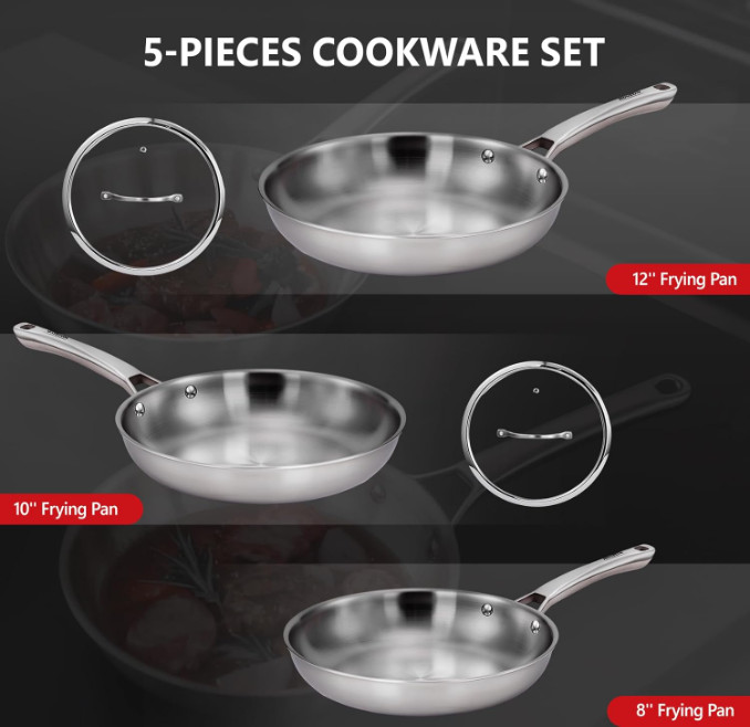 8-10-12 Inch Stainless Steel Cookware Set, Tri-Ply Skillets Set