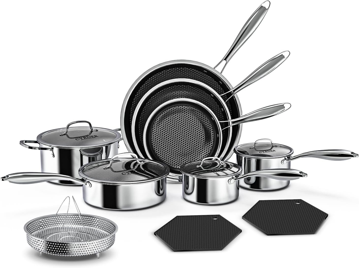 Pots and Pans Set Non Stick, 14 Pcs 5-Ply 18/10 Stainless Steel | Hybrid Profess
