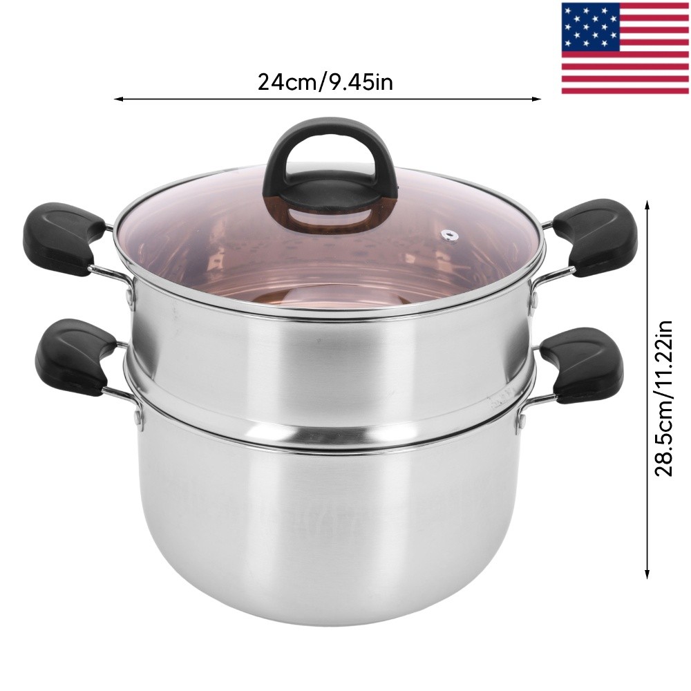 Stainless Steel Heavy Duty Kitchen Cooking Pot with Lid and Steam Tray 24CM