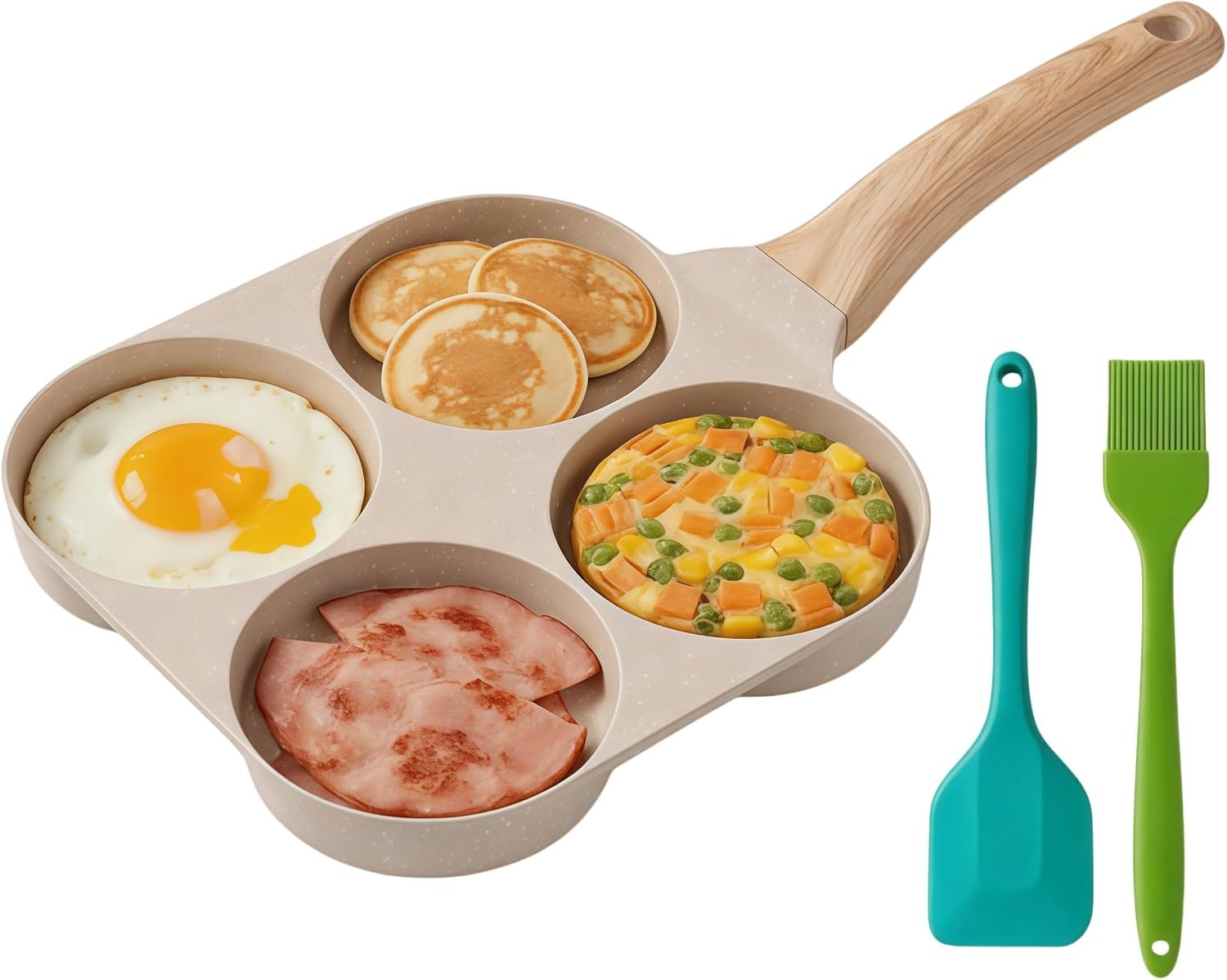 4 Cup Egg Pan Nonstick, 7″ Cream White Granite Coating Omelet Pan with