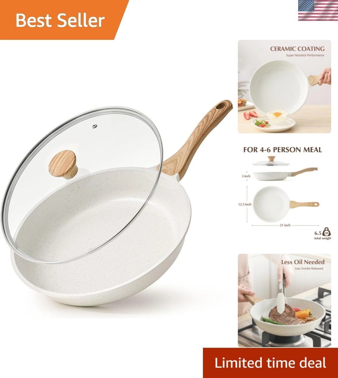 Healthy Non-Toxic 12.5″ Ceramic Skillet with Tempered Glass Lid – Cook with Ease