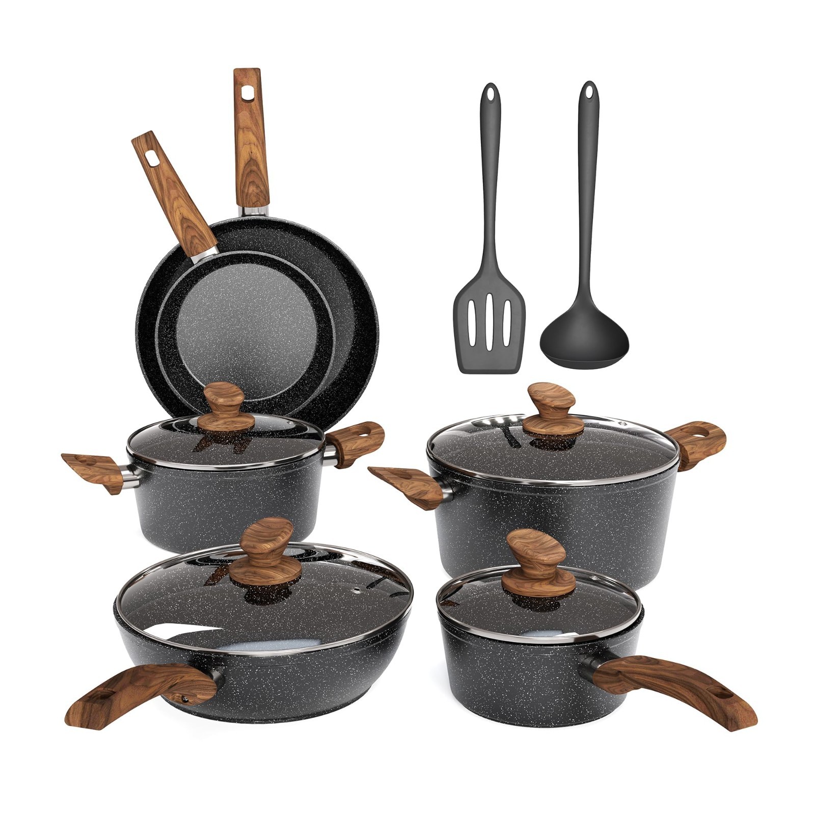 Pots and Pans Set Non Stick , 12 Piece Green Granite Induction Compatible, Black