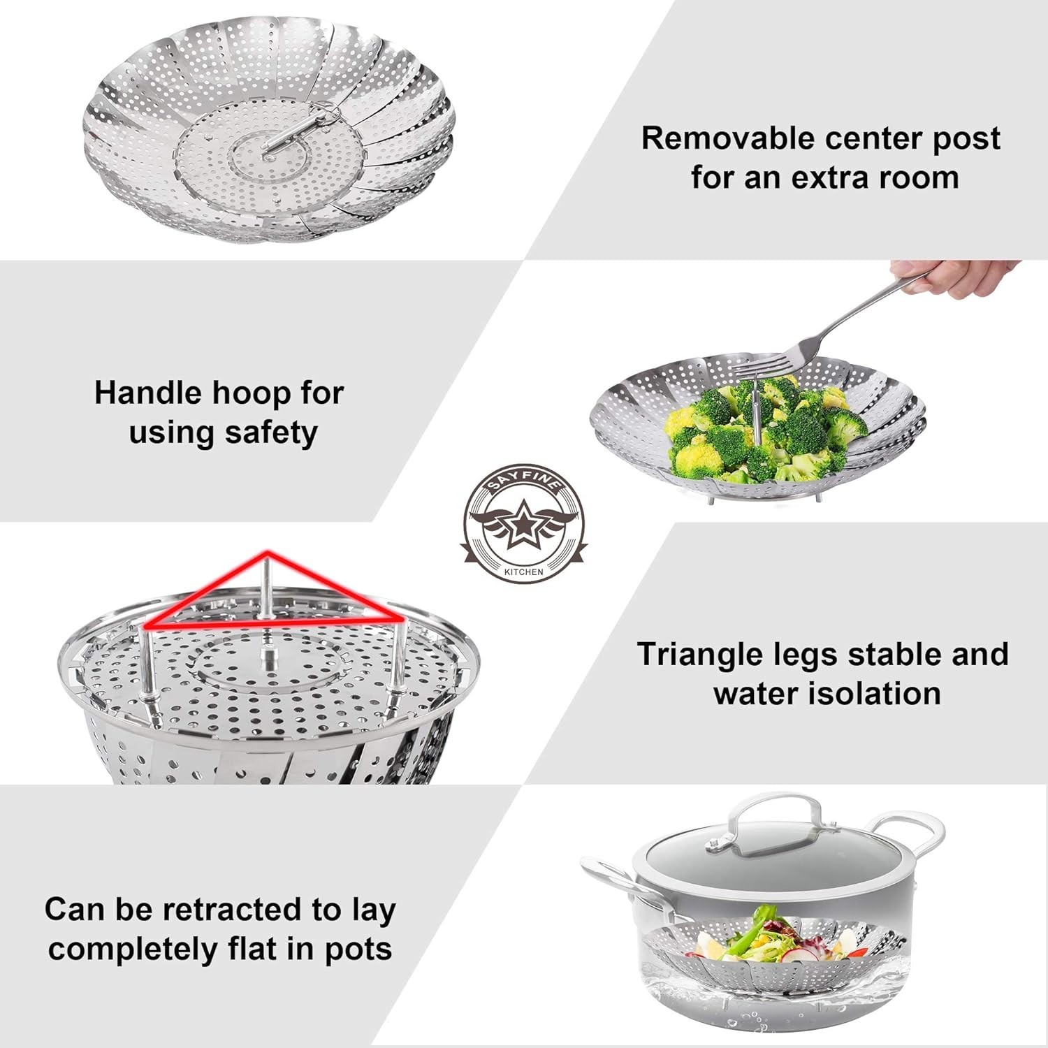 Stainless Steel Vegetable Steamer Basket Expandable To Fit Various Pots 5.5 9.3