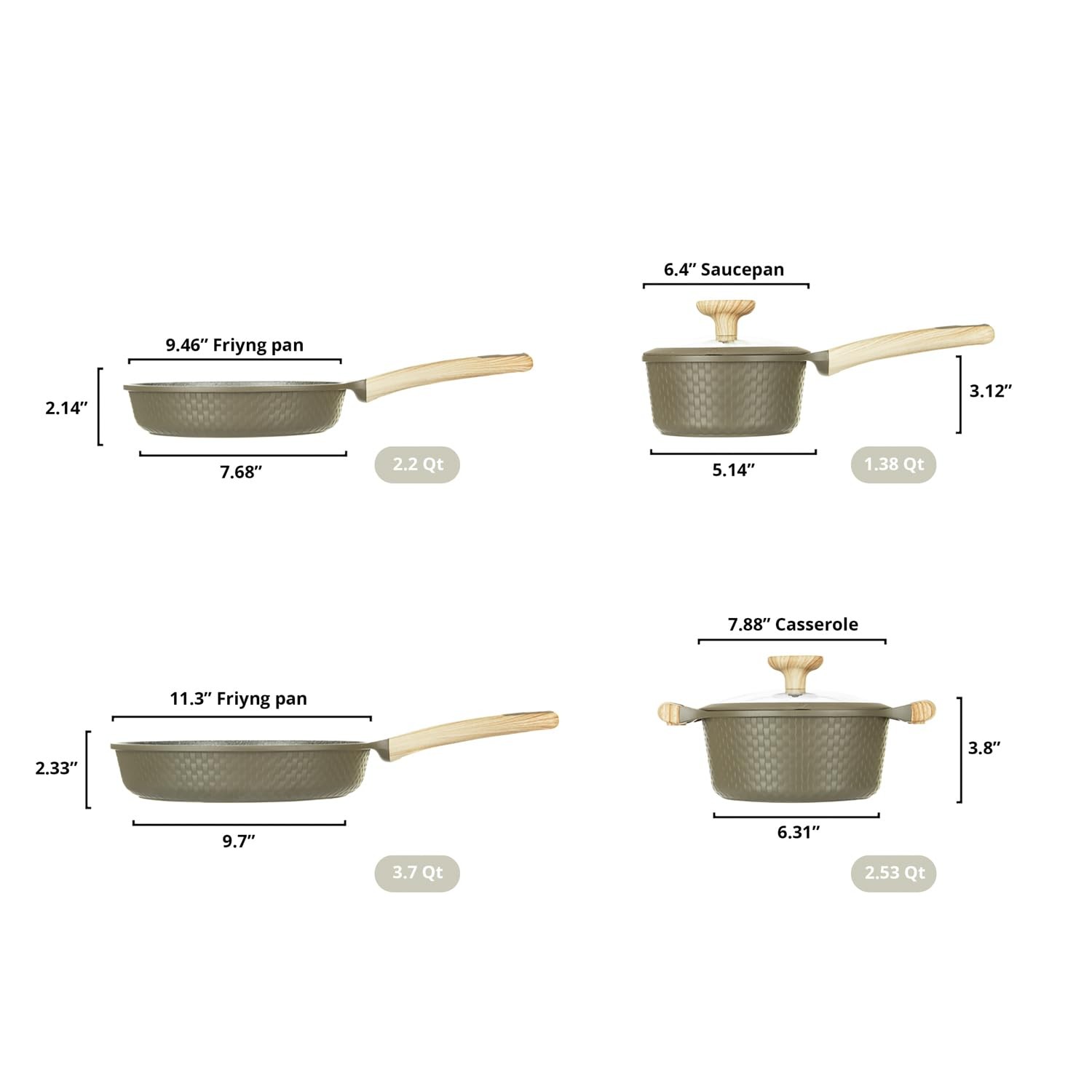Bambù 6Pcs Cookware set, Die-cast Aluminum pots and pans, Nonstick frying pans a