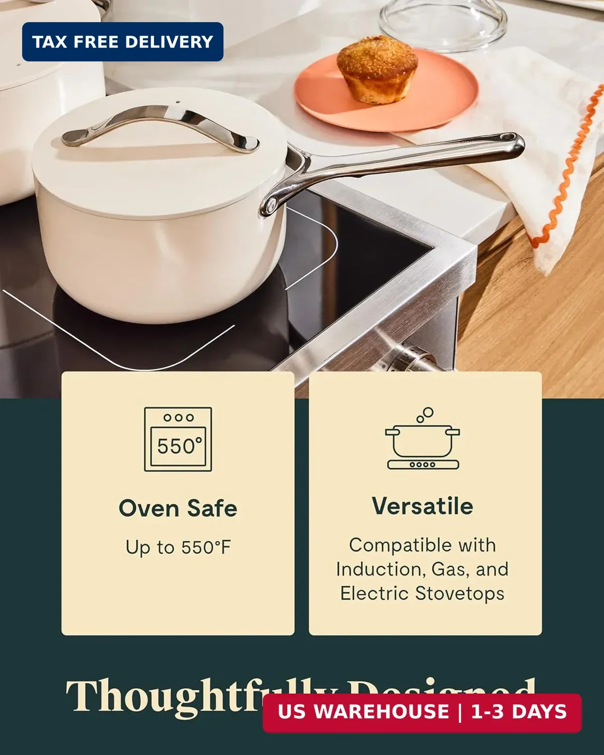 Caraway Nonstick Ceramic Sauce Pan with Lid (3 qt) – Non Toxic, PTFE & PFOA Free