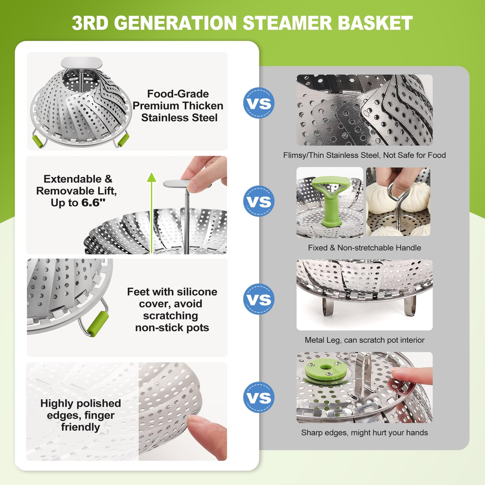 Pavsrmy Steamer Basket, 3rd Generation Stainless Steel Vegetable Steamer with Ex