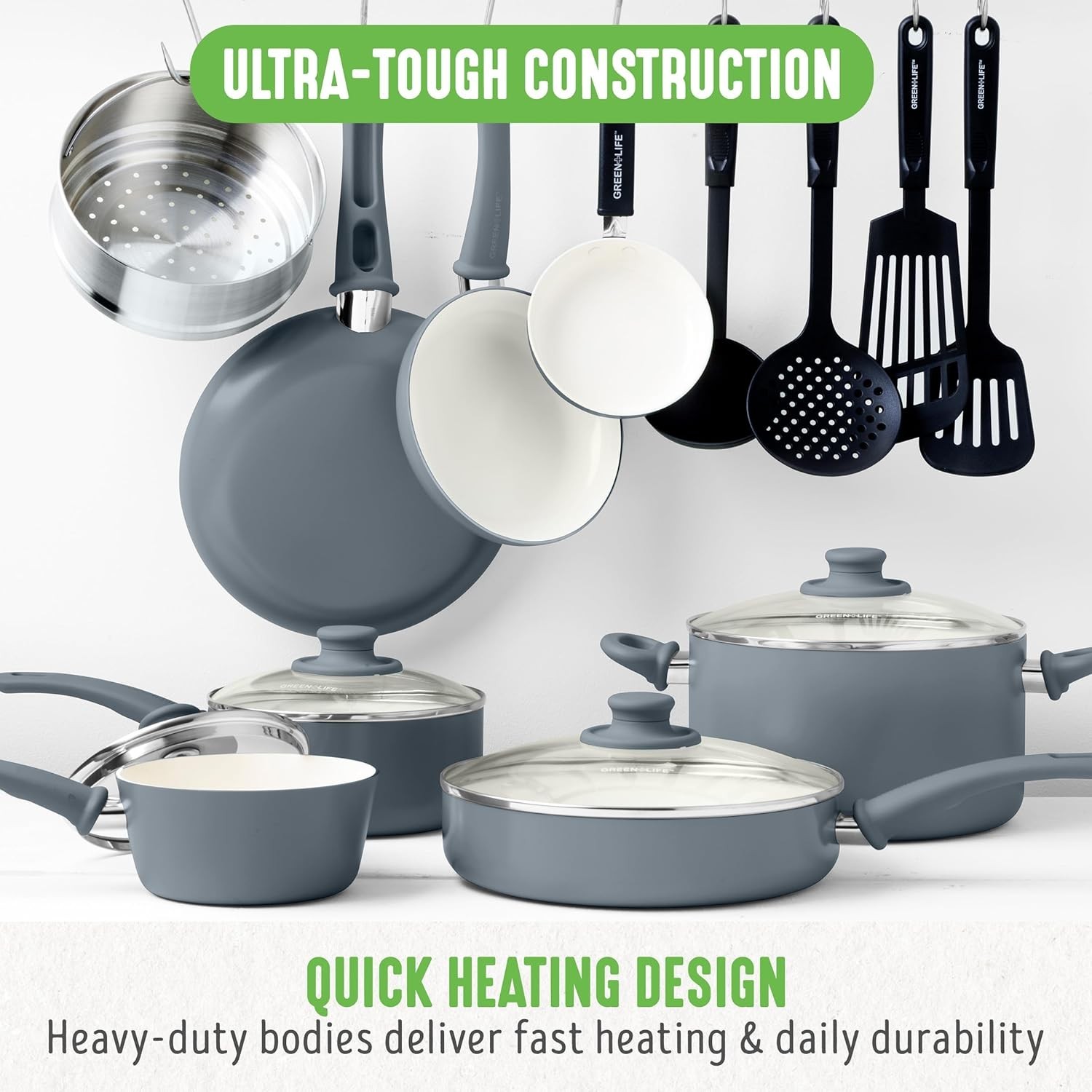 Sleek 16-Piece Ceramic Nonstick Cookware Set with Stay-Cool Handles & Glass Lids